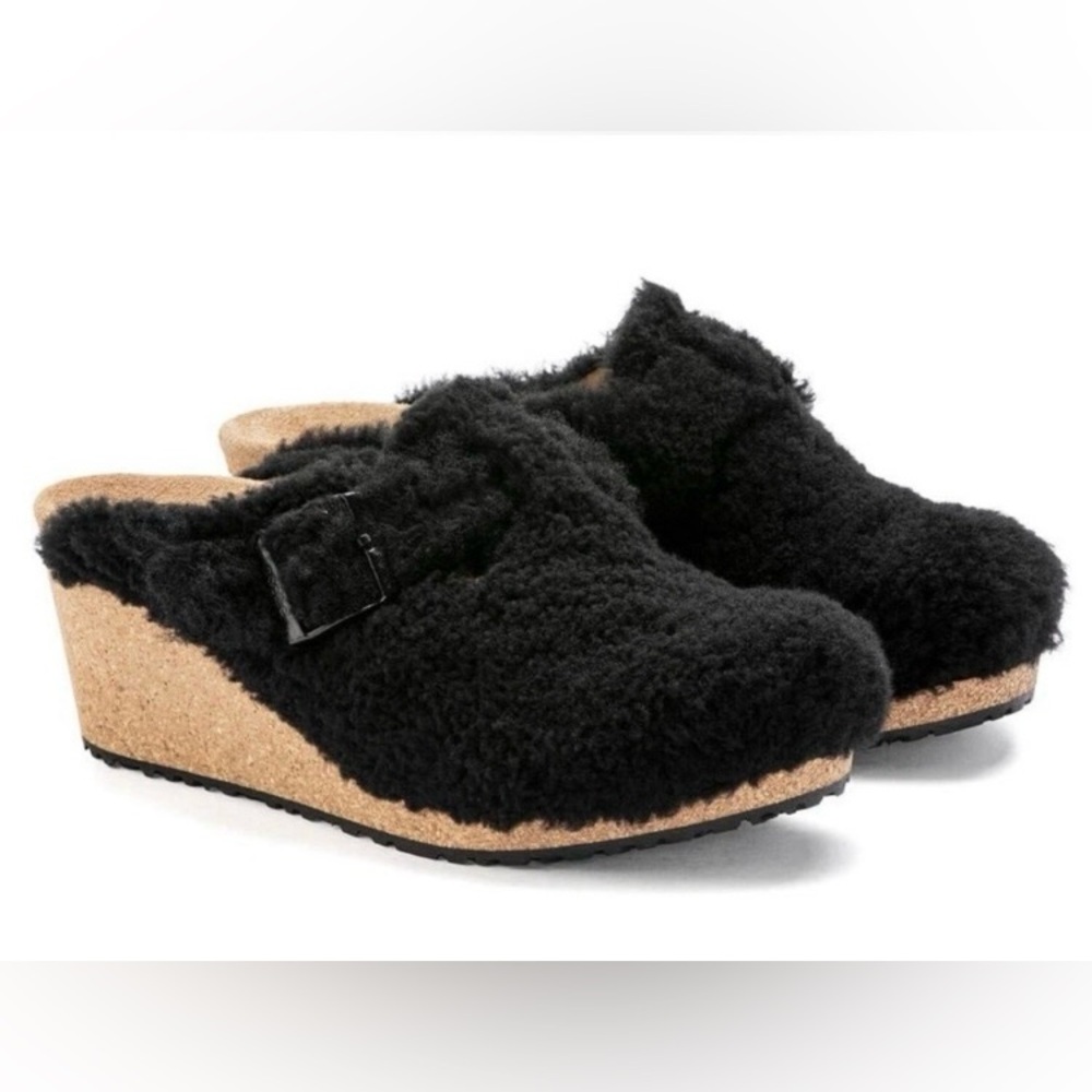 Papillio Black Shearling Mule Clogs with Cork Wedge